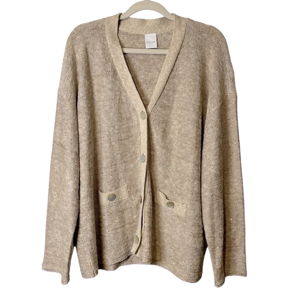 Madeleine Melange Metallic Knit Cardigan 18 Beige Shimmer Linen Blend 59192710